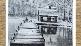How To Draw Small Cabin House And Wooden Pier In Perspective || Pencil Landscape Scenery Art