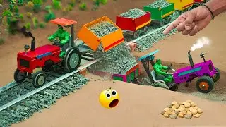 DIY Mini Tractor Loading Crushed Stone on Mini Trailer for Railway Track Repair| DIY Science Model