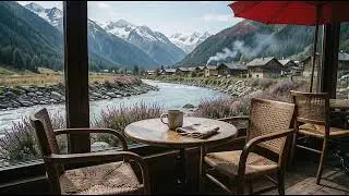 4K Alpine Cafe Window View: Deep Focus Study Stream | Cozy Relaxation Music & Snowfall Ambience