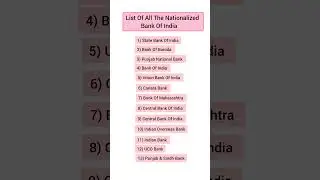 List Of All The Nationalized Bank Of India| General KnowledgeQuestions#shortfeed#gk#quiz#sscghl#mpsc
