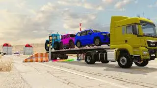 Flatbed Trailer McQueen Transportation with Truck - Speedbumps vs Cars vs Train - BeamNG.Drive #10