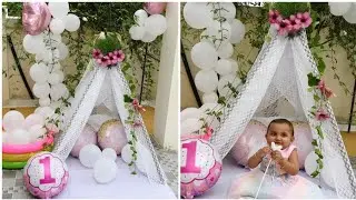One year old simple birthday party ideas | Baby girl | Angel theme | Diy teepee tent in village