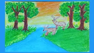 Easy Forest Scene Drawing|Beautiful Nature Landscape|Deer and River Adventure|Creative Canvas|Art