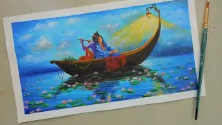 Acrylic Painting - Radha Krishna on a Ferry| Romantic Painting| Step by step tutorial|