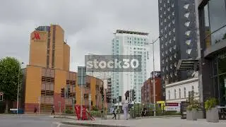 Wide Shot Of Marriott And Radisson Hotels, Cardiff, Wales, UK
