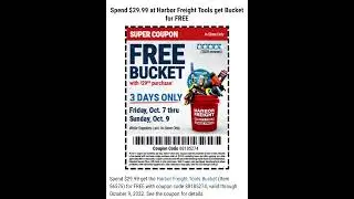 Spend $29.99 at Harbor Freight Tools get Bucket for FREE