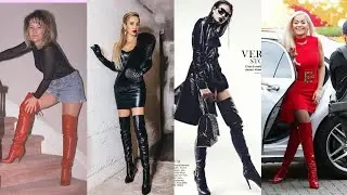 Popular street style fashion of leather & latex long thigh high boots //high heel boots //knee high