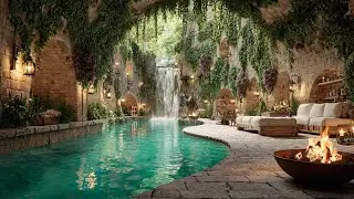 Forest Grotto Waterfall Retreat | Fireplace, Birds & Pool Sounds for Study and Sleep