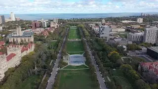 Drone Pullback Over Midway Plaisance - University of Chicago - Hyde Park