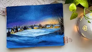 Paint with me | Cozy Glowy Winter Night Village ❄️ | Gouache Painting 
