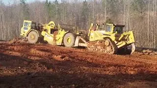 Cat D8T Stripping Topsoil With Cat 621G Scraper