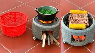 Outdoor Firewood Stove - Creative From Plastic Baskets and Cement