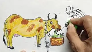 #village landscape cow oil pastel kids painting #cute childhood art #kids scenery#river boat