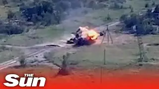 Ukrainian forces blow up Russian tank in a ball of flames with air strike