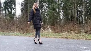 High heels on a black ice, girl falls down on high heels, high heels slide on slippy ice (scene 604)