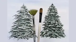 How to Paint Evergreen Trees! (for beginners) 🎨🌲Fan brush vs Filbert brush