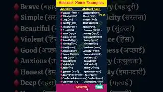 Abstract noun examples with hindi meaning 💖 भाववाचक संज्ञा 💖 #vocabulary #shorts #ielts #english