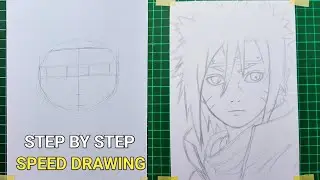 Steps to draw a sketch of Naruto with long hair and sharingan eyes.