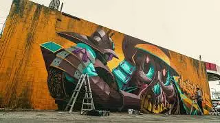 ZOMBIE SAMURAI GRAFFITI Mural in VENICE BEACH - FAT HEAT & TRANSONE  - Ewkuks & Loop