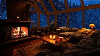 Relaxing atmosphere in a cozy room for sleep | Snowstorm at night outside the large window