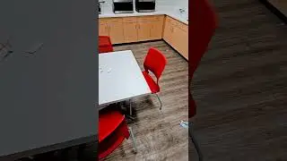 warehouse break room #tables #chairs #microwave #sink #floor #clean #refrigerator