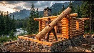 Building a Bushcraft Cabin from Logs and Stones  Built Alone Full Process