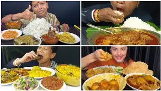 Asmr🔥Eating Vetki Paturi🤤, Spicy Mutton Lal Jhol, Chicken Kosha, Alur Posto, Dal, Begun Vaja & Rice😋