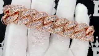 .925 Sterling Silver Rose Gold Baguette Cuban Bling Bling Bracelet | Iced Out Hip Hop Jewelry
