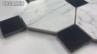 Carrara White Marble 4 inch Octagon Mosaic Tile w/ Nero Marquina Black Dots Honed - C80A1XH