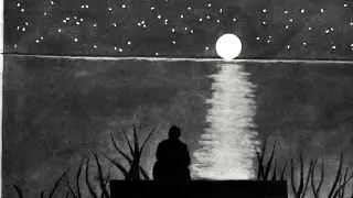 How to draw lonely Old Man sitting and looking at full moon night scenery - Pencil Sketch