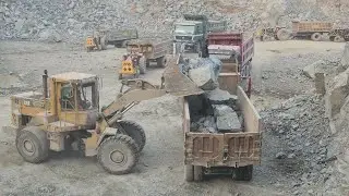 High Power CAT 966D Wheel Loader | Big Rock Loading into Massive Dump Truck | Heavy Equipment Action