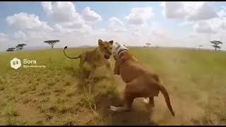 Crazy dog goes for little lion