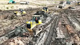 Satisfying Perfectly Extremely Group Of Bulldozer Pushing Rolling Mud Dirt And Dump Truck Unloading