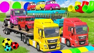 Double Flatbed Trailer Monster Trucks Transport with Truck - Cars vs Rails and Train - BeamNG Drive