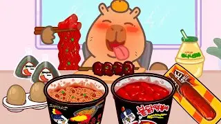 Capybara mukbang animation / ASMR / Samyang Buldak Hot, Spicy Tokbokki, Hot bar, Yakitori /Lazy Capy