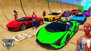 SPIDERMAN Epic Mega ZIG-ZAG RAMP Challenge for Cars Monster Trucks! Superhero Hulk Venom Goku– GTA 5