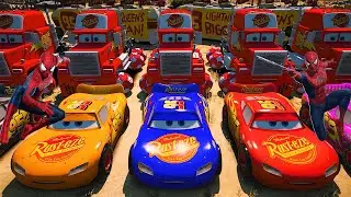 Gta 5 Человек-паук против поезда Disney Cars Pixar McQueen Jackson Storm Mack Truck Tow Mater & F...