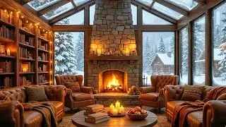 Snowy Winter Jazz in a Cozy Candlelit Library ❄️ Warm Reading Ambience with Mountain View Serenity