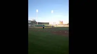 Sky Maniac throws out the 1st pitch at Jet Blue Park.