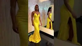 Yellow Sequin Fit and Flare Prom Dress with V-Neckline, High Slit and Lace Up Back