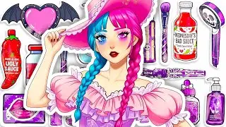 💖Paper DIY💖WEDNESDAY ADDAMS Blue & Pink Makeup + Skincare + Dress Up + Nails💐Blind Bag Unboxing [4K]