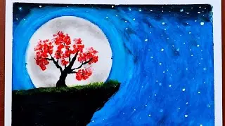 Oil pastel drawing - Easy Moonlight night scenery with oil pastel #howtodraw #pastel #oilpastel 