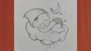 Draw a dreaming baby boy sleeping on clouds pencilsketch