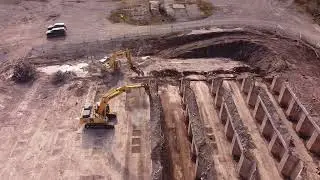 demolition of concrete and asphalt plant Westdown quarry, excavator  2023