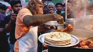 Monkey Making Chicken Curry & Roti | Unique Indian Street Food