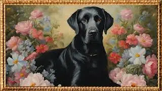 Romantic Rococo Framed TV Art of a Black Lab with ambient music in a spring theme screen saver