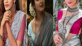 Gray colour saree with contrast blouse collection..