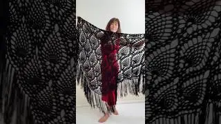 Noir Elegance Lace Wrap , handmade black oversized fringe shawl #crochet #handmadefashion