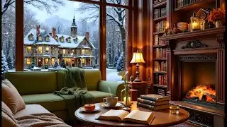 Winter Ambience ❄️ at Cozy Coffeehouse Snowy with Soft Warm Jazz Music & Fireplace Sounds  for Study