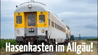 Mittlerweile selten gewordener Hasenkasten wird als Messzug von 218 003 durchs Allg&auml;u geschoben!
